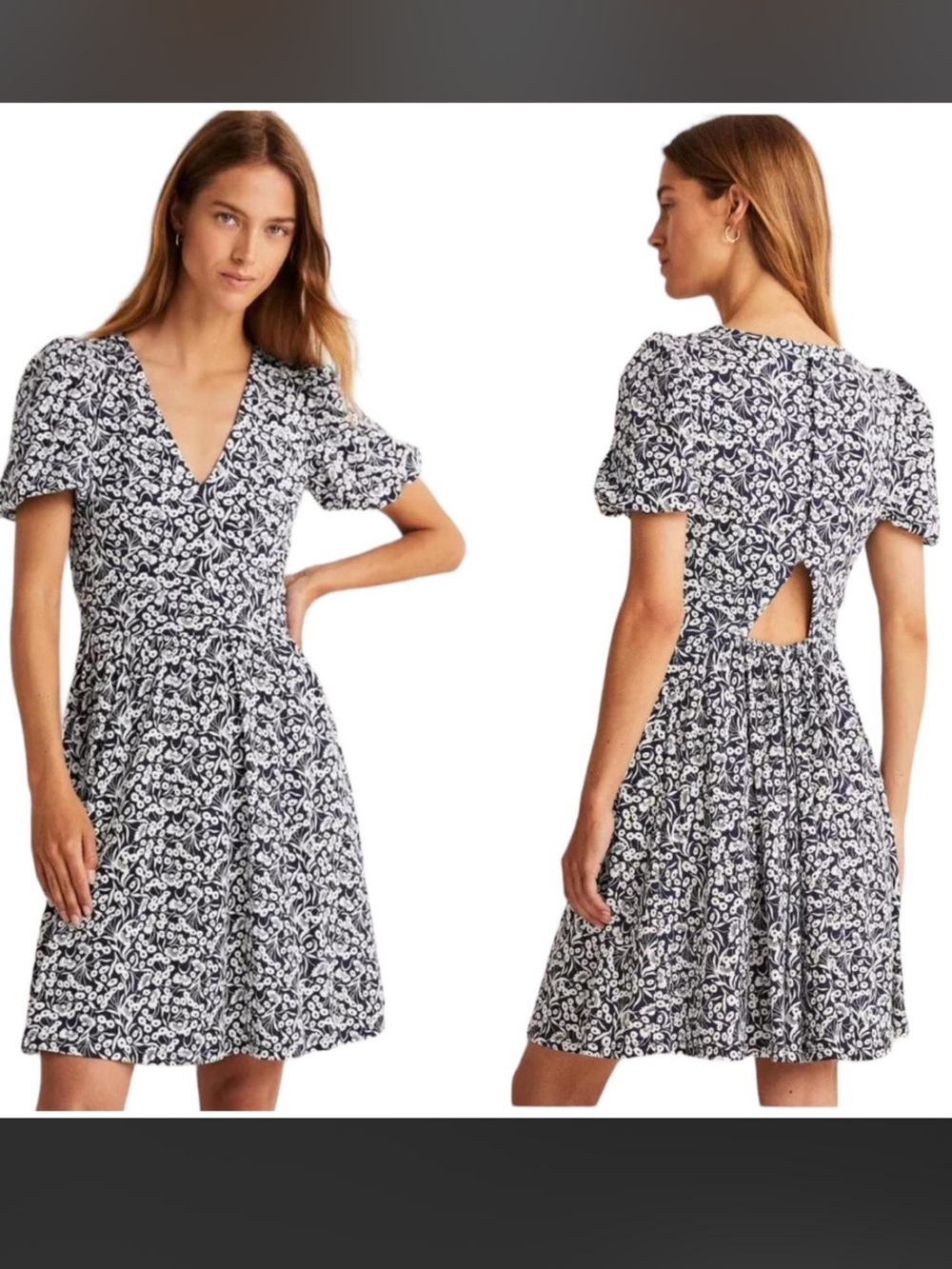 Boden Navy & White Floral V-Neck Puff Sleeve Mini Dress 4
